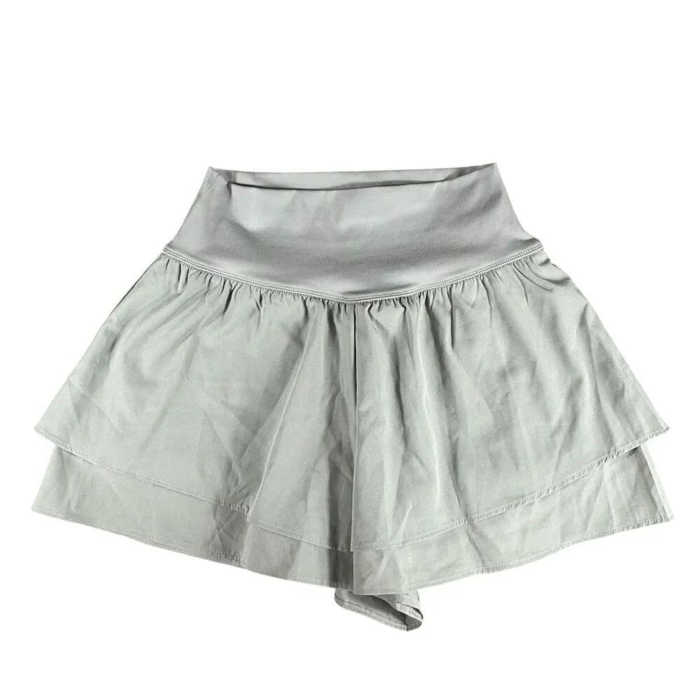 Yogalicious S Lightstreme Flirty Shorts Women Sage Gray Ruffle Layer High Rise
